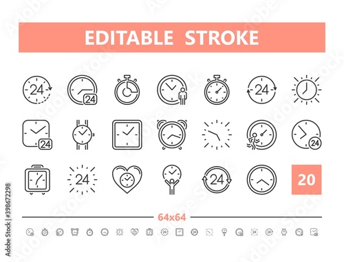 Timer 20 line icons. Vector illustration in line style. Editable Stroke, 64x64, 256x256, Pixel Perfect.
