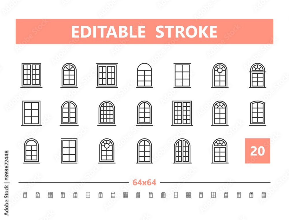 Window 20 line icons. Vector illustration in line style. Editable Stroke, 64x64, 256x256, Pixel Perfect. Window 20 line icons. Vector illustration in line style. Editable Stroke, 64x64, 256x256, Pixel Perfect.