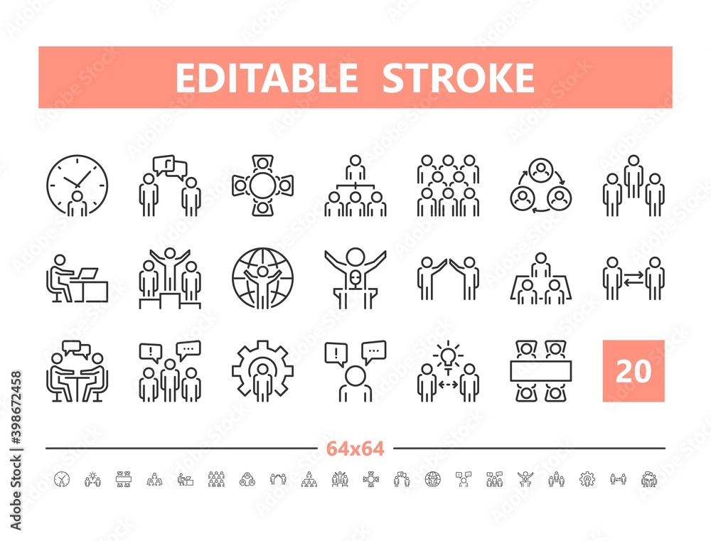 Business people 20 line icons. Vector illustration in line style. Editable Stroke, 64x64, 256x256, Pixel Perfect.