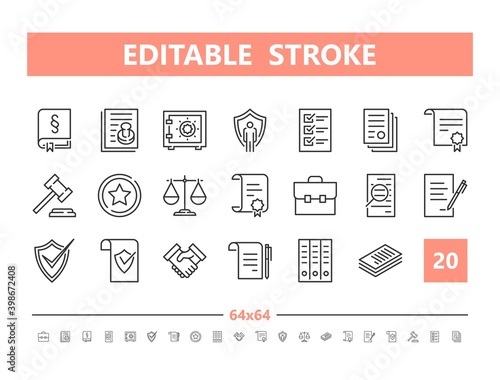 Legal documents 20 line icons. Vector illustration in line style. Editable Stroke, 64x64, 256x256, Pixel Perfect.