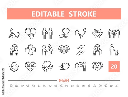 Care and attention 20 line icons. Vector illustration in line style. Editable Stroke, 64x64, 256x256, Pixel Perfect.