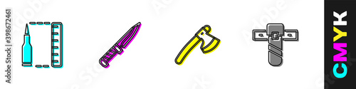Set Bullet, Military knife, Wooden axe and Knife holster icon. Vector.