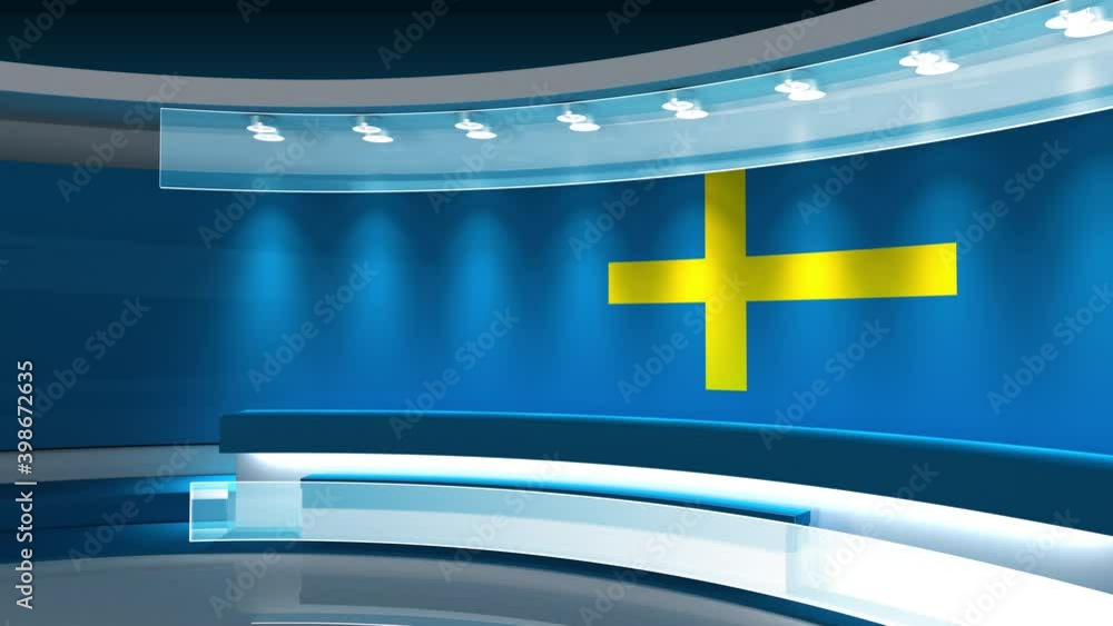 TV studio. loop animation. Sweden flag studio. Sweden flag background. News studio. 3d render. 3d TV studio. loop animation. Sweden flag studio. Sweden flag background. News studio. 3d render. 3d