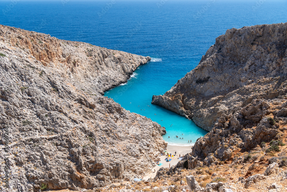Beautiful beach Seitan limania also known as Stefanou beach on Crete, Greece. Superb bay in a canyon, this destination is hard to reach, famous place on island of Crete .