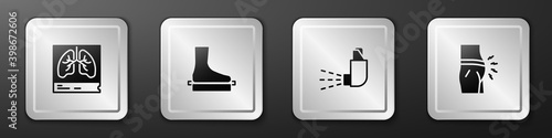 Set Lungs x-ray, Flat foot, Inhaler and Abdominal bloating icon. Silver square button. Vector.