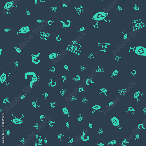Set IV bag, Insomnia, Gut constipation and Liquid antibacterial soap on seamless pattern. Vector.