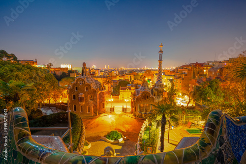 Park Guell at night in Barcelona. Park was built from 1900 to 1914 and was officially opened as a public park in 1926. In 1984, UNESCO declared the park a World Heritage Site