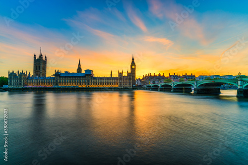 Scenic view of Big Ben and British parliament at sunset in London. England
