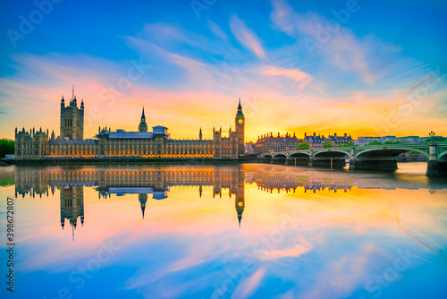 Scenic sunset view of British parliament and Big Ben in London. England