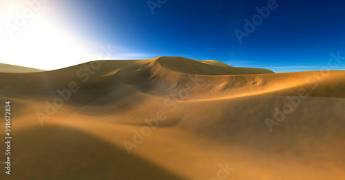 Beautiful sand dunes. Desert landscape with sun. Desert landscape panorama. sunset or sunrise over the sands, 3D rendering