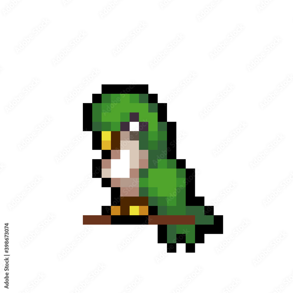 8 bit Pixel parrot image. Animal in vector illustration.
