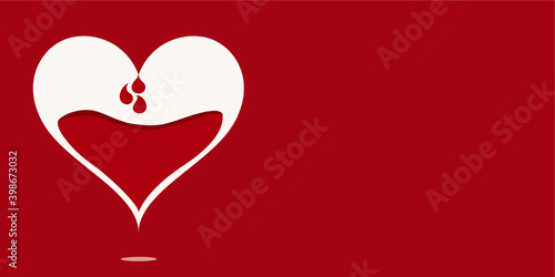 Blood donation concept. Save life. Metaphor of heart dripping fluid blood for collection for transfusion. Humanitarian. Banner for association or clinic or hospital. Solidarity. Aid