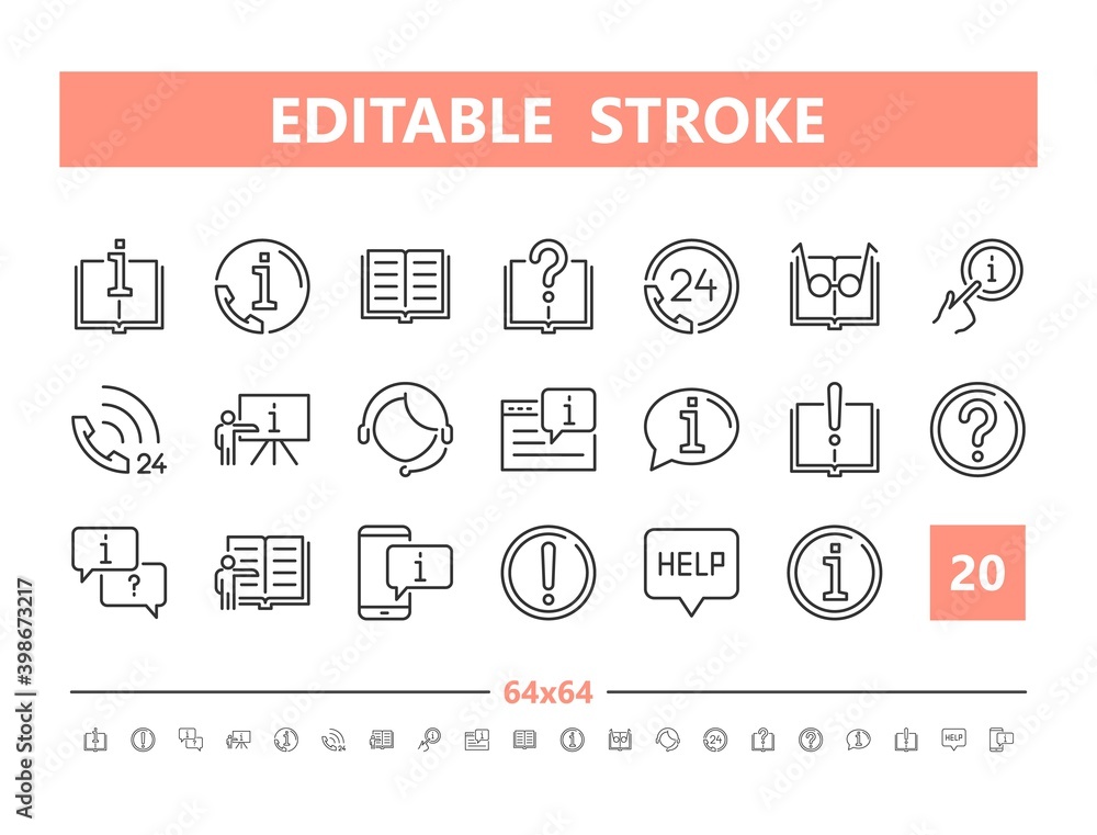 Help and Support 20 line icons. Vector illustration in line style. Editable Stroke, 64x64, 256x256, Pixel Perfect.