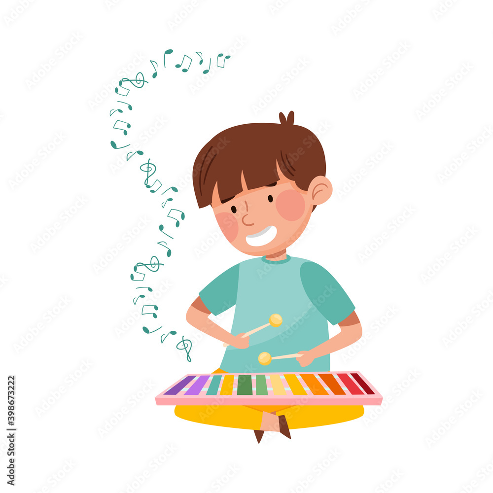 Little Boy Sitting on Floor with Sticks and Playing Xylophone Vector Illustration Little Boy Sitting on Floor with Sticks and Playing Xylophone Vector Illustration