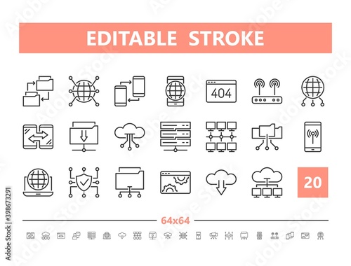 Internet technology 20 line icons. Vector illustration in line style. Editable Stroke, 64x64, 256x256, Pixel Perfect.