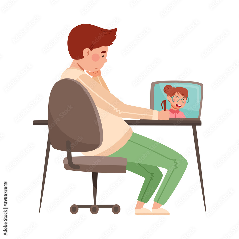 School or College Boy Student Sitting at Desk in Front of Laptop Writing Vector Illustration School or College Boy Student Sitting at Desk in Front of Laptop Writing Vector Illustration