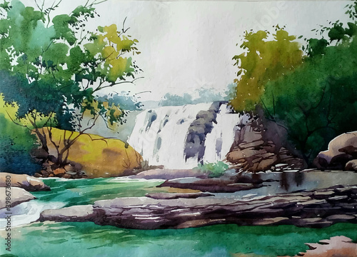 Watercolor painting nature and hand drawn waterfall in the mountains landscape illustration Premium Vector;