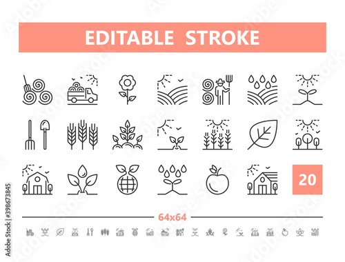 Farm 20 line icons. Vector illustration in line style. Editable Stroke, 64x64, 256x256, Pixel Perfect.