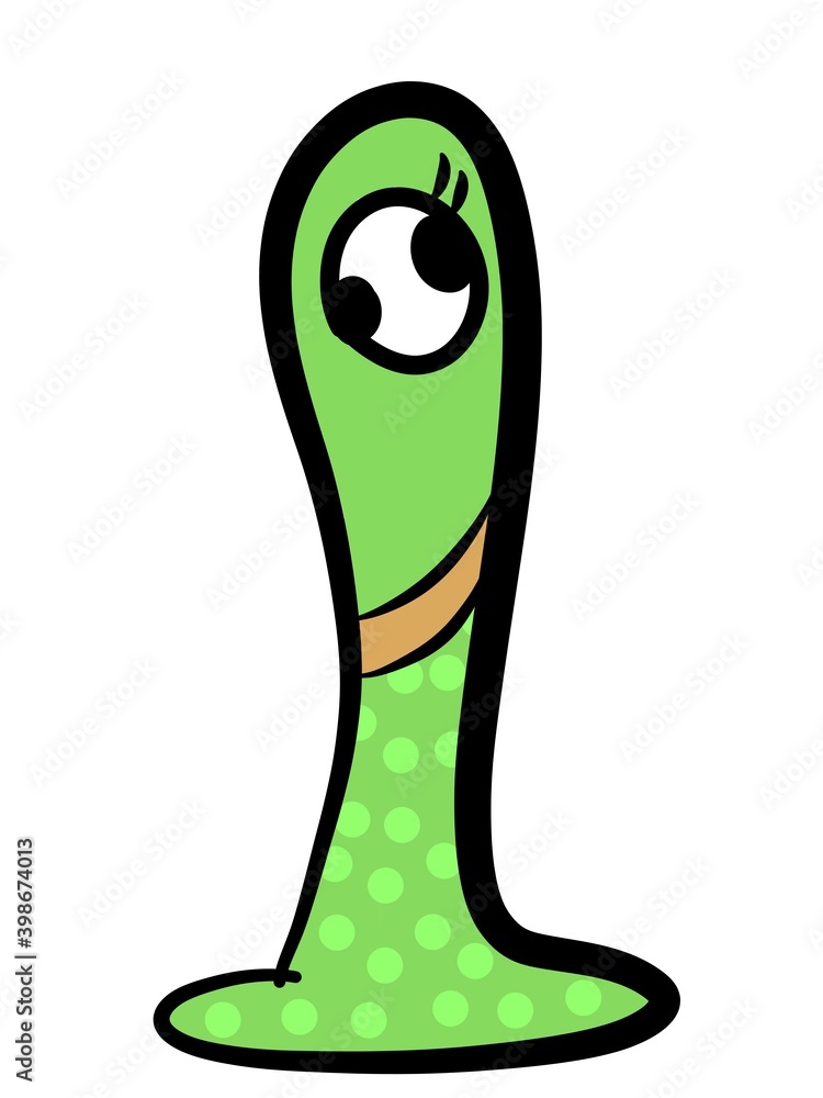 Fototapeta premium green worm. illustration of cute and kawaii cartoon animals, green animals or monsters, dots, resembling the number 1, for logos, symbols, icons, doodles