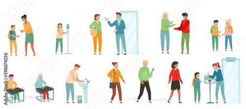 People Characters Wearing Medical Face Mask and Social Distancing Vector Set