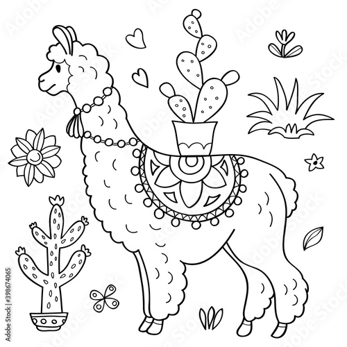 LLama and cacti coloring page