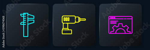 Set line Calliper or caliper and scale, Browser setting and Electric drill machine. Black square button. Vector.