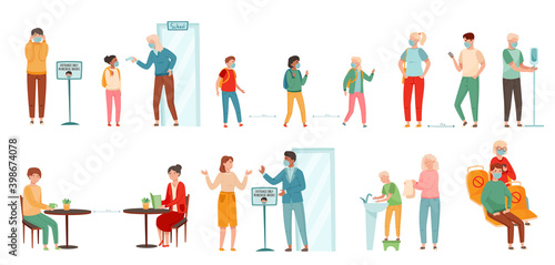 People Characters Wearing Medical Face Mask and Social Distancing Vector Set