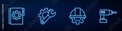 Set line Worker safety helmet and gear, User manual, Wrench spanner and Electric drill machine. Glowing neon icon on brick wall. Vector.