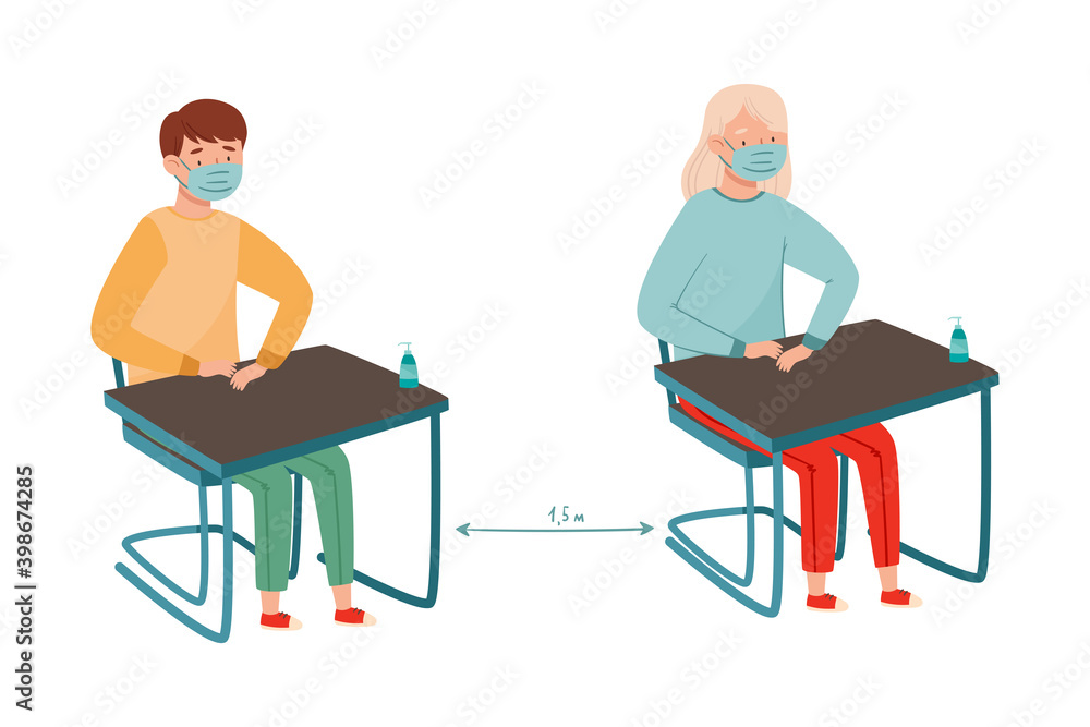 School or College Student in Medical Face Mask Sitting at Desks Arranged with Social Distance Vector Illustration School or College Student in Medical Face Mask Sitting at Desks Arranged with Social Distance Vector Illustration