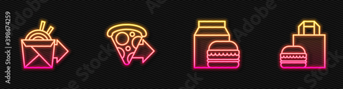 Set line Online ordering and burger delivery, noodles, pizza and . Glowing neon icon. Vector.