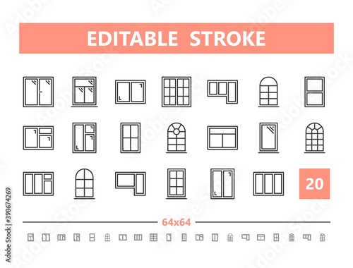 Windows 20 line icons. Vector illustration in line style. Editable Stroke, 64x64, 256x256, Pixel Perfect.