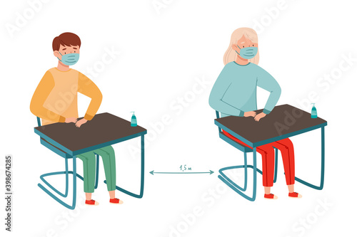 School or College Student in Medical Face Mask Sitting at Desks Arranged with Social Distance Vector Illustration