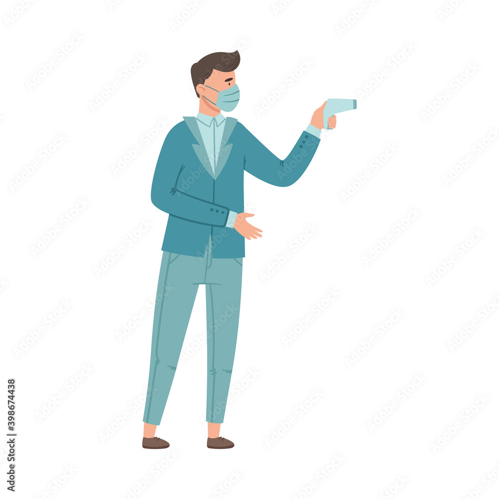 Man in Medical Face Mask Measuring Temperature with Thermometer Before Entry Vector Illustration Man in Medical Face Mask Measuring Temperature with Thermometer Before Entry Vector Illustration