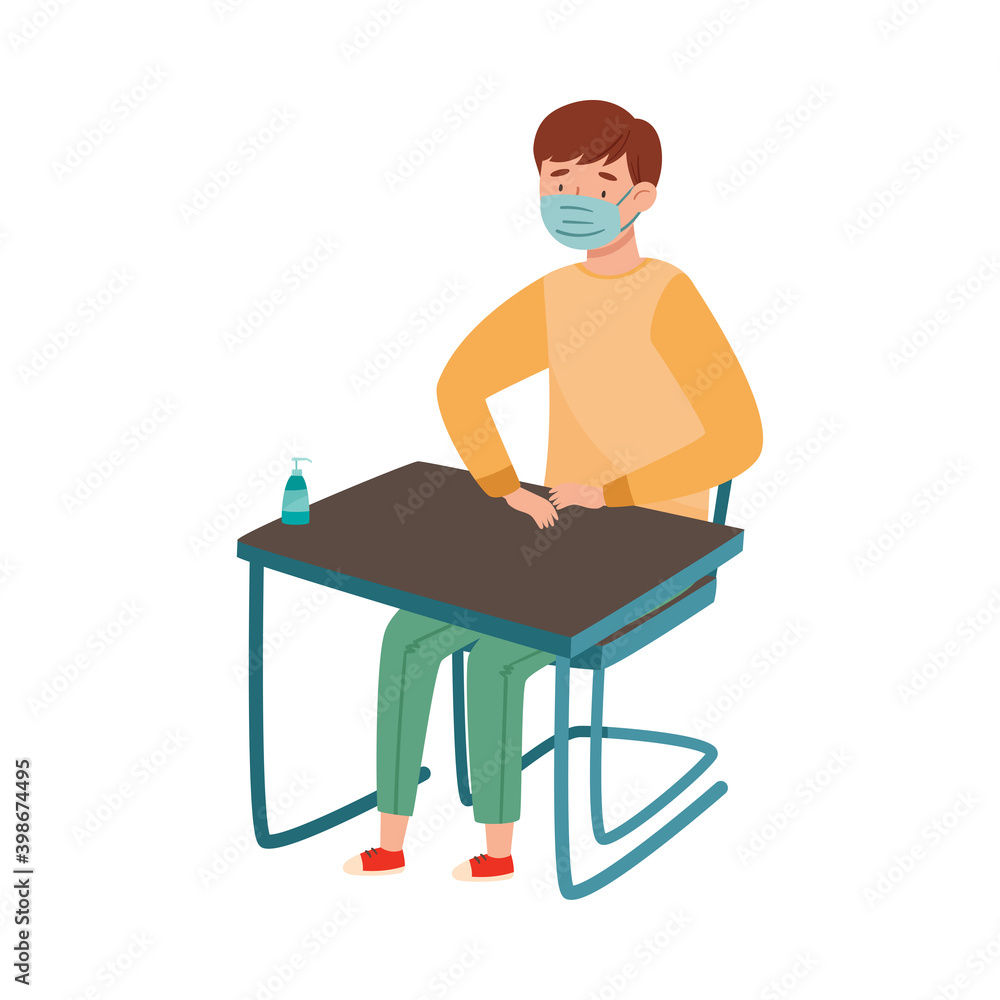 School Boy Student in Medical Face Mask Sitting at Desk Arranged with Social Distance Vector Illustration School Boy Student in Medical Face Mask Sitting at Desk Arranged with Social Distance Vector Illustration