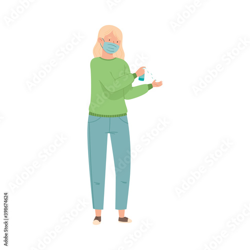 Woman in Medical Face Mask Disinfecting Hands with Sanitizer Spray Vector Illustration