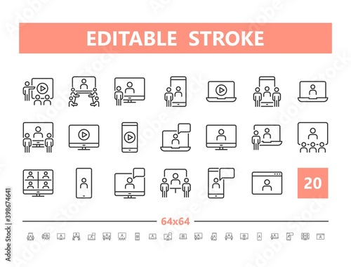 Video conference 20 line icons. Vector illustration in line style. Editable Stroke, 64x64, 256x256, Pixel Perfect.