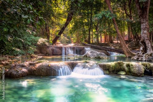Erawan Waterfall is a beautiful waterfall in spring forest in Kanchanaburi province, Thailand. © silaphop