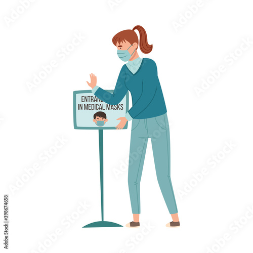 Young Woman in Medical Mask Standing Controlling Observation of Mask Mandate Vector Illustration