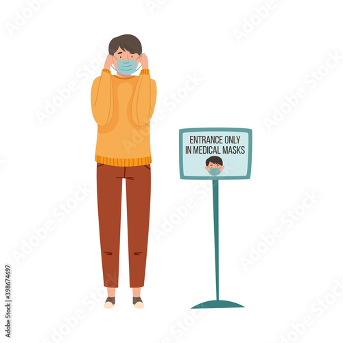 Man Putting On Medical Face Mask Before Entry in Public Place Vector Illustration