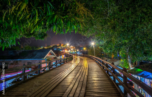 Kanchanaburi, Thailand - Januaey 26-2020 : Sangklaburi Bridge or Mon Bridge at night
