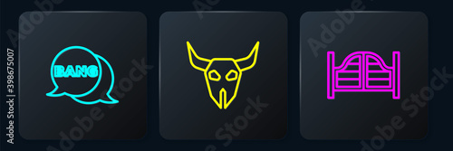 Set line Bang boom, gun Comic, Saloon door and Buffalo skull. Black square button. Vector.