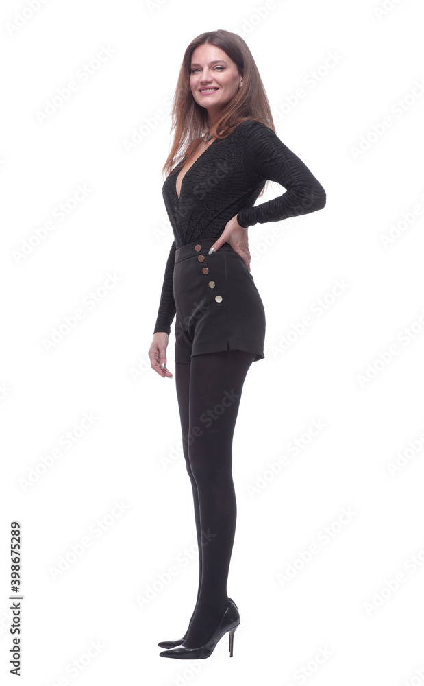 side view. attractive young woman looking at a white screen. side view. attractive young woman looking at a white screen.