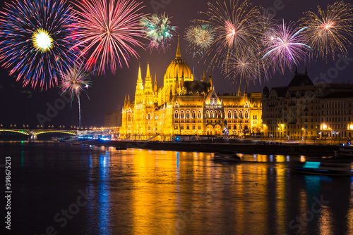 Hungarian parliament with fireworks. Budapest
