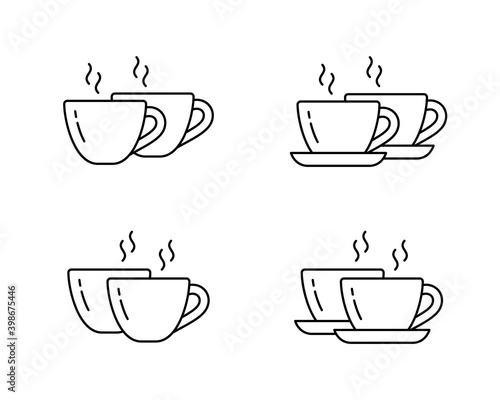 Two cups of coffee or tea. Linear icons set of hot drink for couple. Black simple illustration for menu, packaging design. Contour isolated vector pictogram on white background