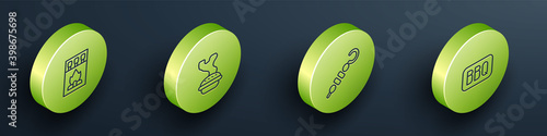 Set Isometric line Matchbox and matches, Homemade pie, Grilled shish kebab and Barbecue icon. Vector.