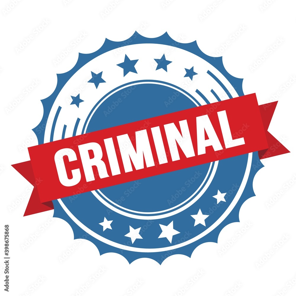CRIMINAL text on red blue ribbon stamp. CRIMINAL text on red blue ribbon stamp.