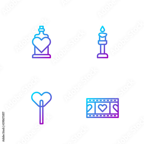 Set line Play Video with heart, Lollipop, Bottle love potion and Burning candle. Gradient color icons. Vector.