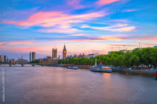 Sunset skyline of London with Big Ben in the background. England
