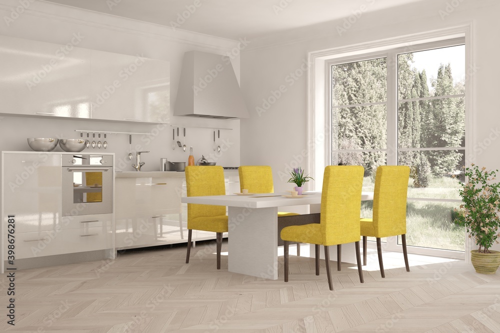 Fototapeta premium White stylish minimalist kitchen. Scandinavian interior design. 3D illustration