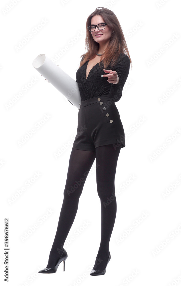 in full growth. fashionable young woman with a roll of drawings. in full growth. fashionable young woman with a roll of drawings.